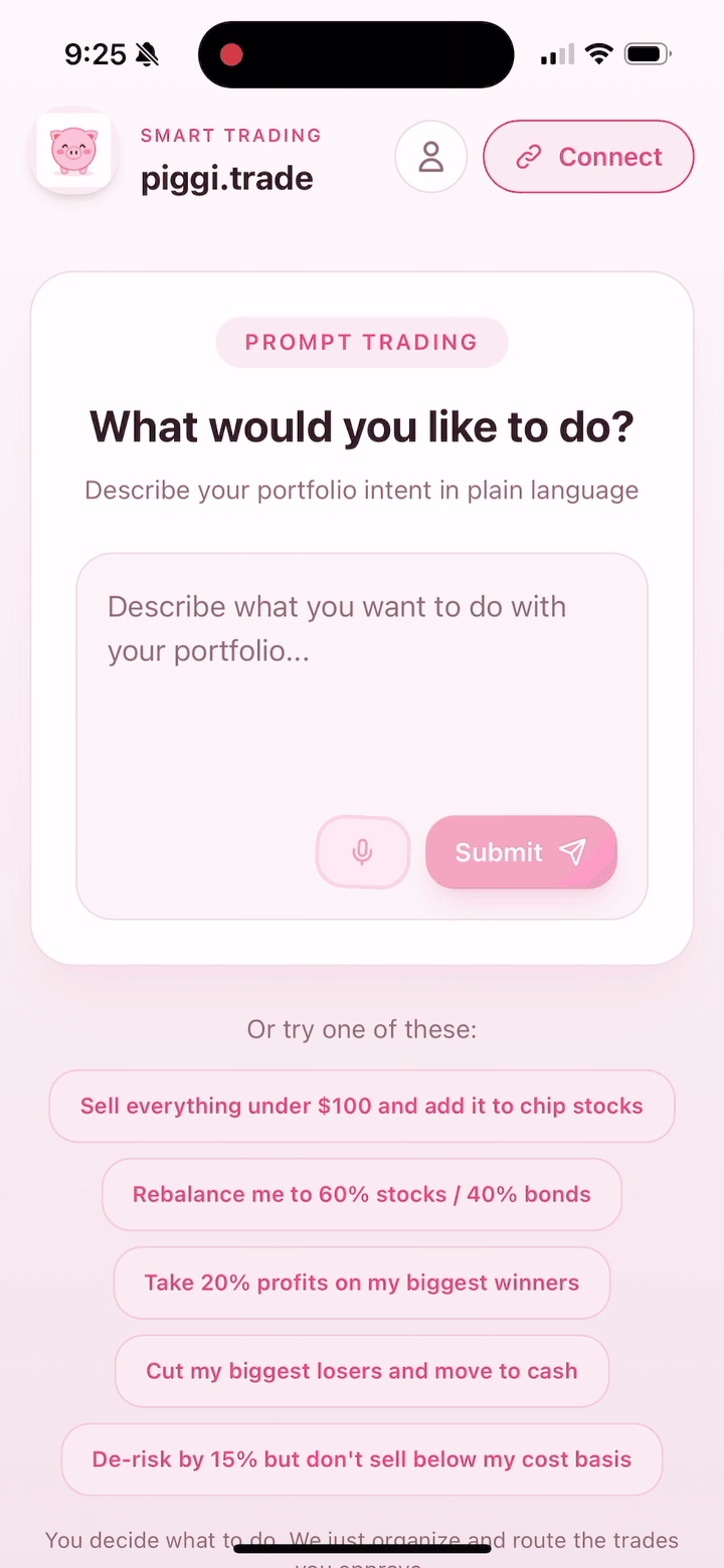 Piggi.trade — Natural language trading execution